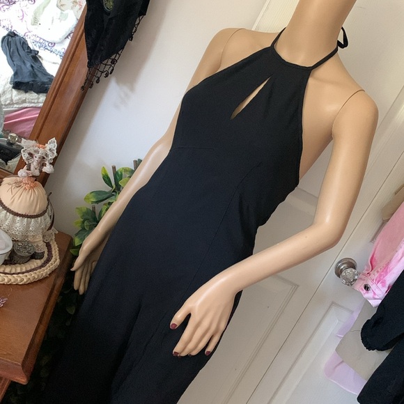Vtg 90s black backless halter Empire stretch flare jumpsuit onesie pantsuit S M - Picture 6 of 13